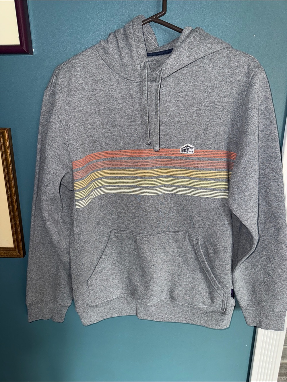 Patagonia Heather Gray Pullover Hoodie with Red, Yellow and Cream Stripes